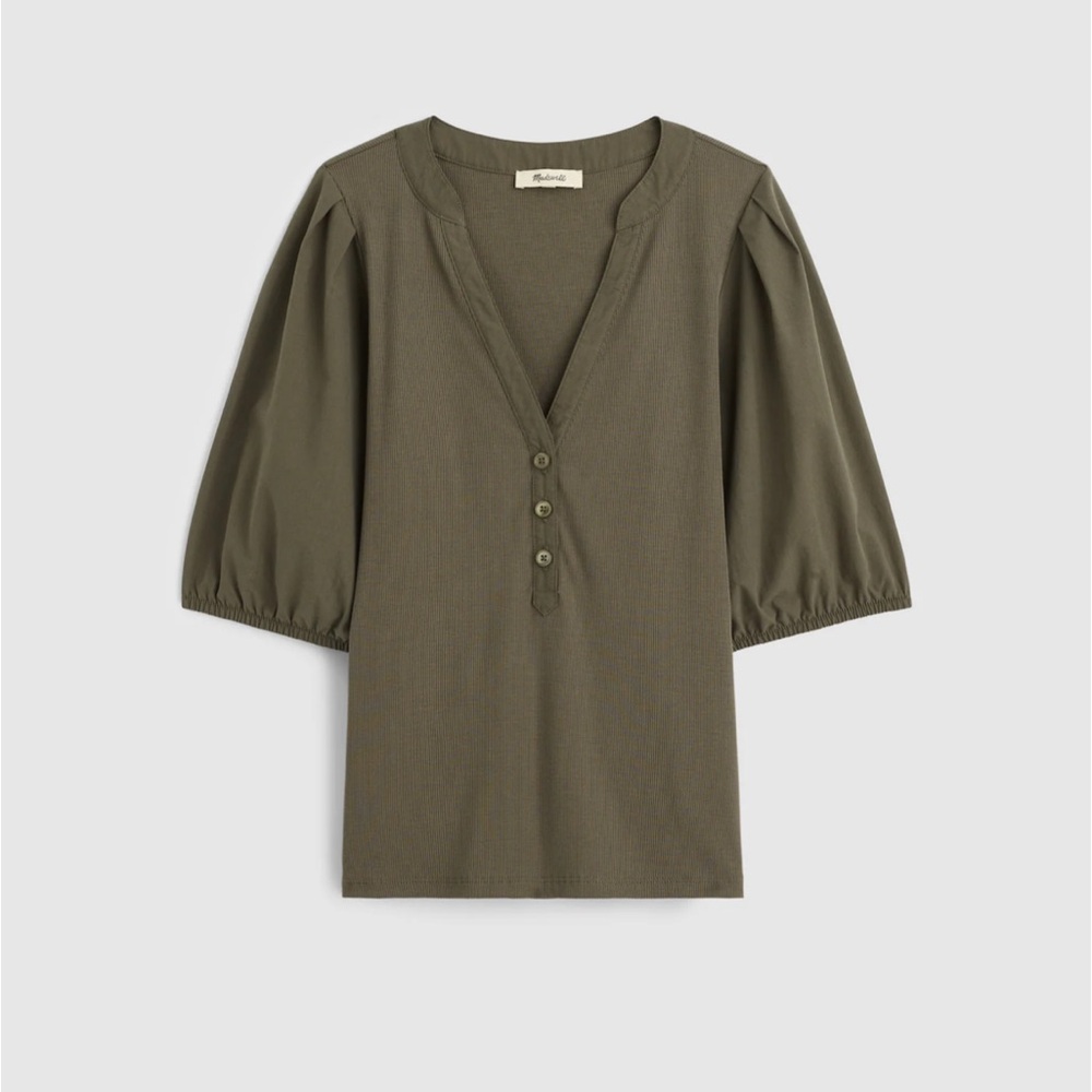 Madewell Faded Olive Green Puff-Sleeve Henley Top